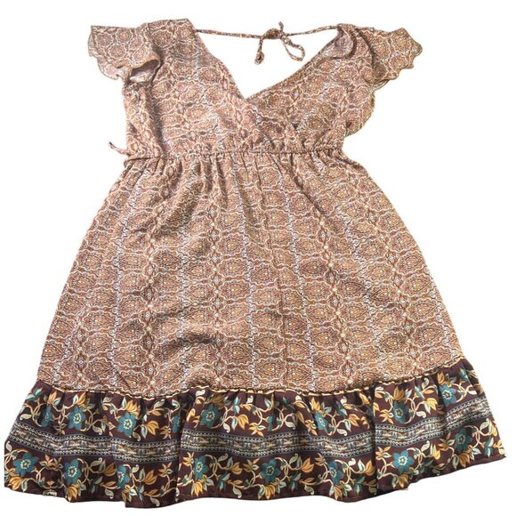 Band Of Gypsies Faux Wrap Dress B-O-G Collective Paisley Ruffle Hem L  Boho - Picture 8 of 10